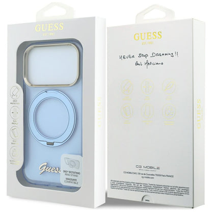 Coque MagSafe pour Apple iPhone 18 Pro Max / 17 Pro Max, Guess, Support Anneau Logo Métal Script, Bleu