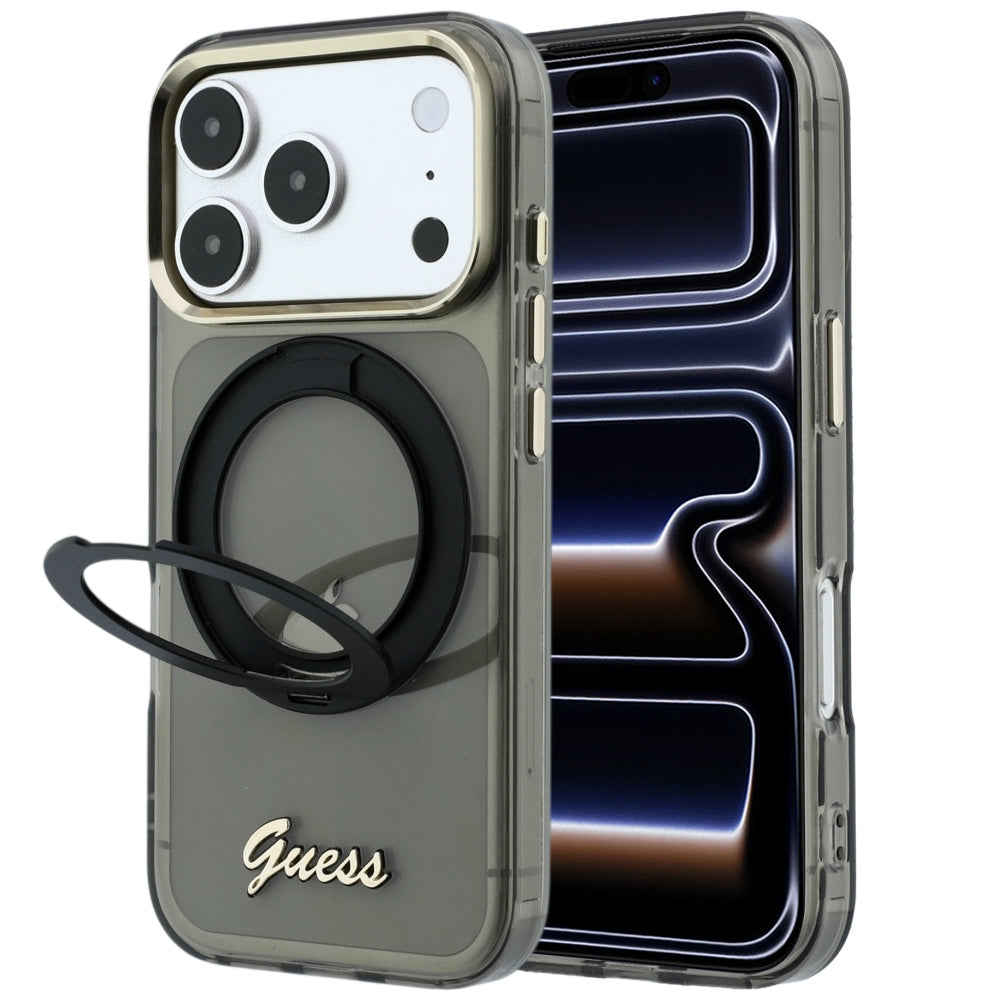 Coque MagSafe pour Apple iPhone 18 Pro Max / 17 Pro Max, Guess, Support Anneau Logo Métal Script, Noire