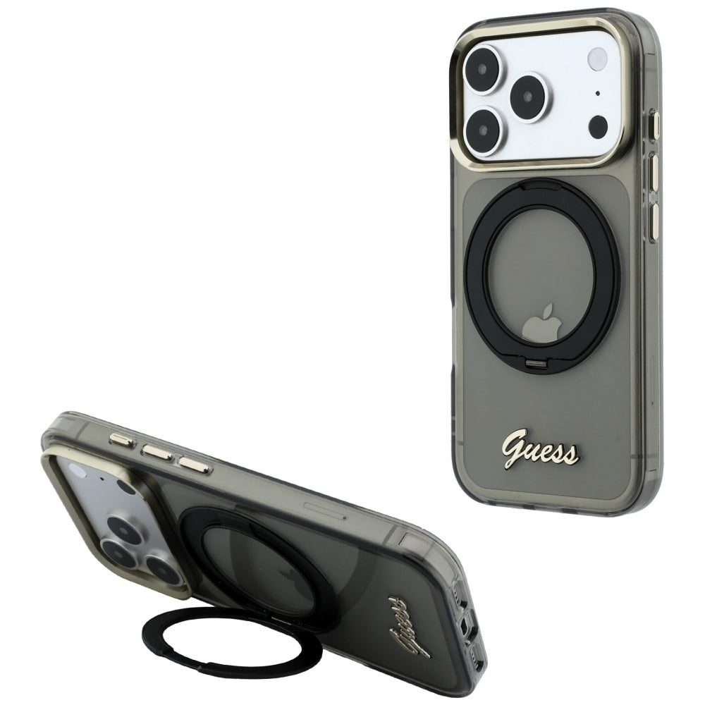 Coque MagSafe pour Apple iPhone 18 Pro Max / 17 Pro Max, Guess, Support Anneau Logo Métal Script, Noire