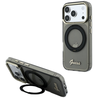 Coque MagSafe pour Apple iPhone 18 Pro Max / 17 Pro Max, Guess, Support Anneau Logo Métal Script, Noire