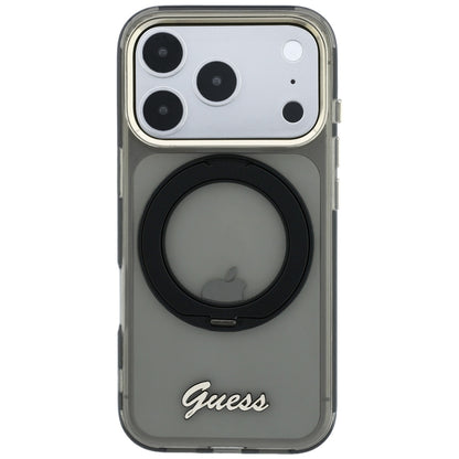 Coque MagSafe pour Apple iPhone 18 Pro Max / 17 Pro Max, Guess, Support Anneau Logo Métal Script, Noire