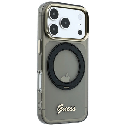 Coque MagSafe pour Apple iPhone 18 Pro Max / 17 Pro Max, Guess, Support Anneau Logo Métal Script, Noire