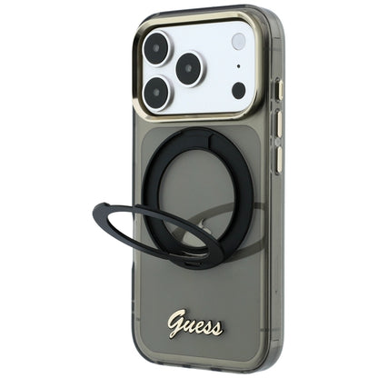 Coque MagSafe pour Apple iPhone 18 Pro Max / 17 Pro Max, Guess, Support Anneau Logo Métal Script, Noire