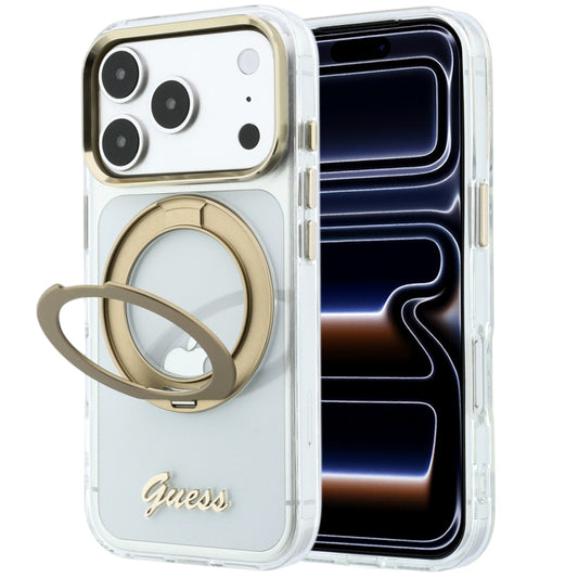 MagSafe Case for Apple iPhone 18 Pro Max / 17 Pro Max, Guess, Ring Stand Script Metal Logo, Transparent
