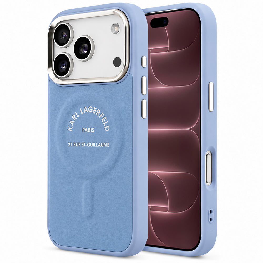 Coque MagSafe pour Apple iPhone 18 Pro Max / 17 Pro Max, Karl Lagerfeld, logo RSG en relief avec anneau ouvert, bleue