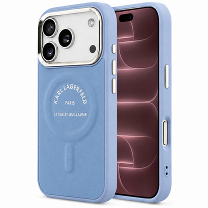 Coque MagSafe pour Apple iPhone 18 Pro Max / 17 Pro Max, Karl Lagerfeld, logo RSG en relief avec anneau ouvert, bleue