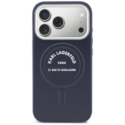 Coque MagSafe pour Apple iPhone 18 Pro Max / 17 Pro Max, Karl Lagerfeld, logo RSG en relief avec anneau ouvert, bleue