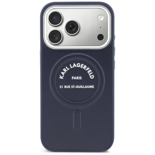 Coque MagSafe pour Apple iPhone 18 Pro Max / 17 Pro Max, Karl Lagerfeld, logo RSG en relief avec anneau ouvert, bleue