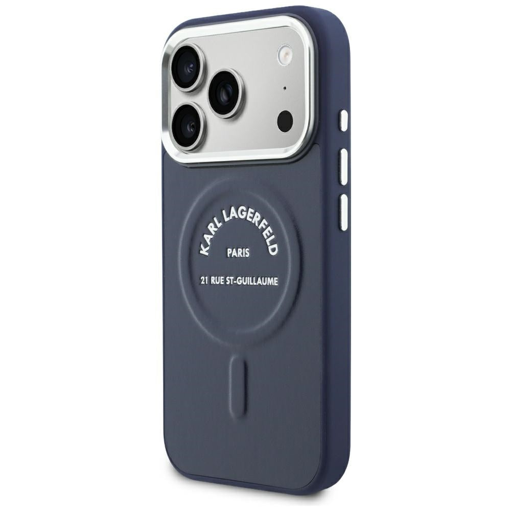 Coque MagSafe pour Apple iPhone 18 Pro Max / 17 Pro Max, Karl Lagerfeld, logo RSG en relief avec anneau ouvert, bleue