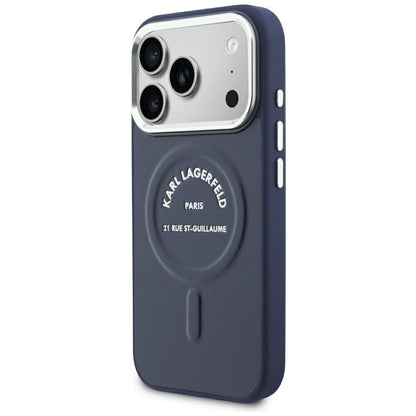 Coque MagSafe pour Apple iPhone 18 Pro Max / 17 Pro Max, Karl Lagerfeld, logo RSG en relief avec anneau ouvert, bleue
