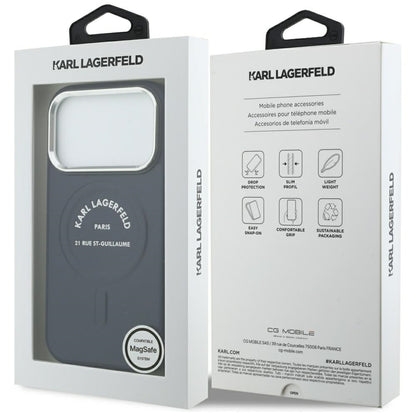 Coque MagSafe pour Apple iPhone 18 Pro Max / 17 Pro Max, Karl Lagerfeld, logo RSG en relief avec anneau ouvert, bleue
