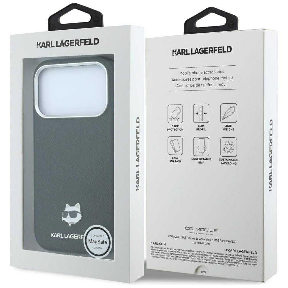 MagSafe Case for Apple iPhone 18 Pro Max / 17 Pro Max, Karl Lagerfeld, Grained Choupette Head Metal, Black