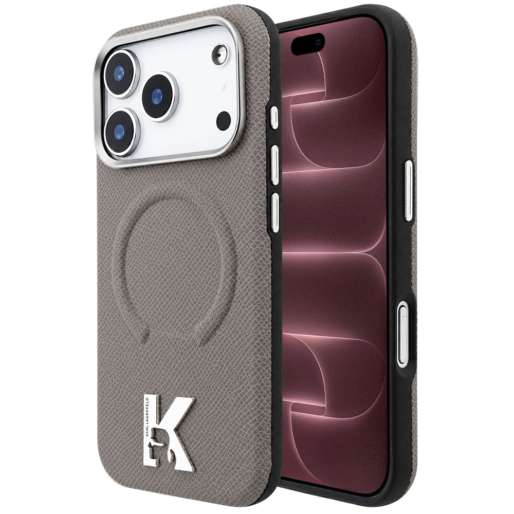 Coque MagSafe pour Apple iPhone 18 Pro Max / 17 Pro Max, Karl Lagerfeld, Anneau Gaufré Grainé, Beige