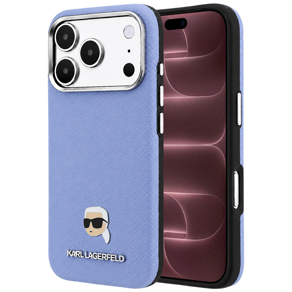 Coque MagSafe pour Apple iPhone 18 Pro Max / 17 Pro Max, Karl Lagerfeld, Métal Grainé Tête de Karl, Bleu