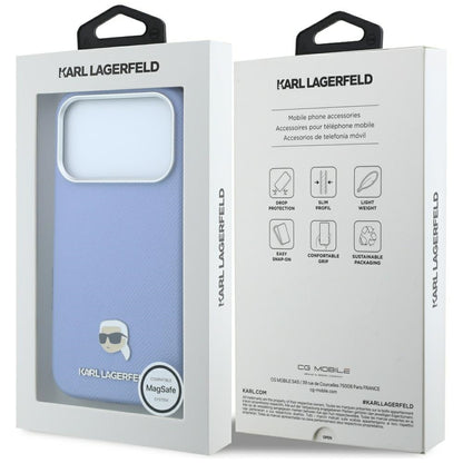 Coque MagSafe pour Apple iPhone 18 Pro Max / 17 Pro Max, Karl Lagerfeld, Métal Grainé Tête de Karl, Bleu