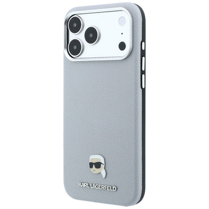 Coque MagSafe pour Apple iPhone 18 Pro Max / 17 Pro Max, Karl Lagerfeld, Métal Tête Karl Grainé, Gris
