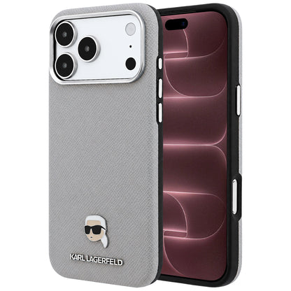 Coque MagSafe pour Apple iPhone 18 Pro Max / 17 Pro Max, Karl Lagerfeld, Métal Tête Karl Grainé, Gris