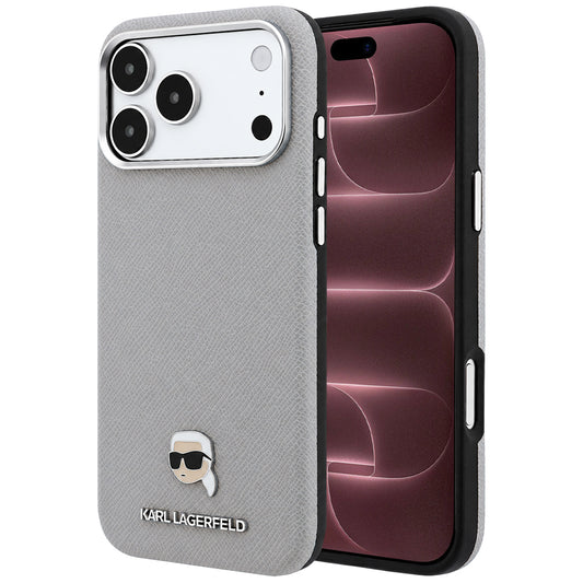 Coque MagSafe pour Apple iPhone 18 Pro Max / 17 Pro Max, Karl Lagerfeld, Métal Tête Karl Grainé, Gris