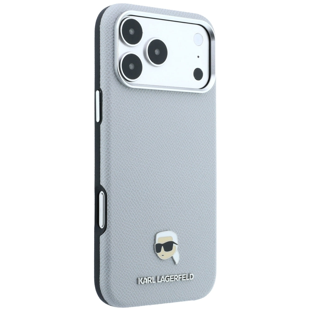 Coque MagSafe pour Apple iPhone 18 Pro Max / 17 Pro Max, Karl Lagerfeld, Métal Tête Karl Grainé, Gris