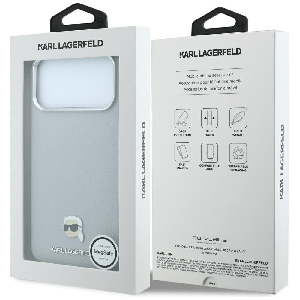 Coque MagSafe pour Apple iPhone 18 Pro Max / 17 Pro Max, Karl Lagerfeld, Métal Tête Karl Grainé, Gris