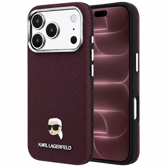 Coque MagSafe pour Apple iPhone 18 Pro Max / 17 Pro Max, Karl Lagerfeld, Métal Grainé Tête de Karl, Bordeaux