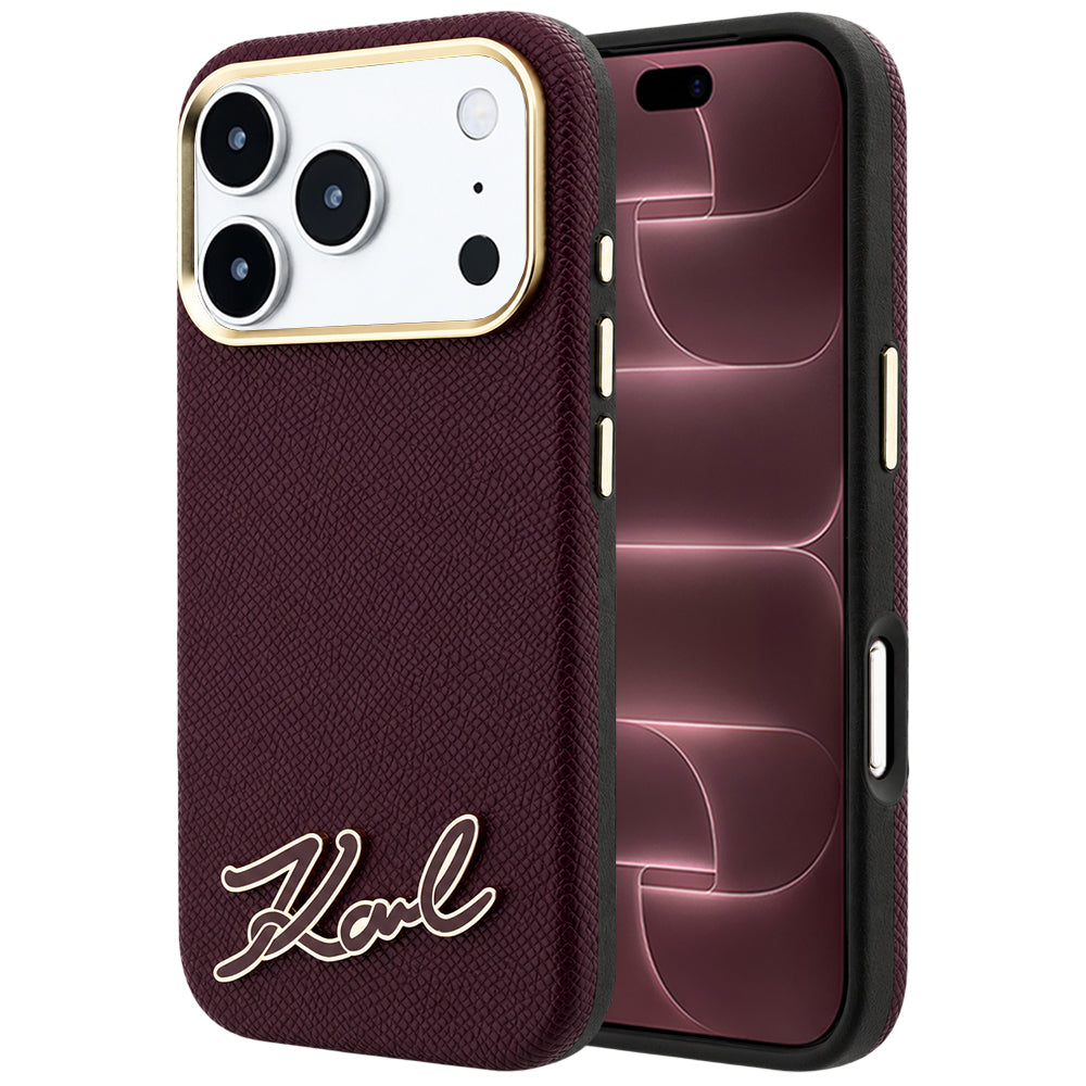 Coque MagSafe pour Apple iPhone 18 Pro Max / 17 Pro Max, Karl Lagerfeld, Logo en résine grainée, Bordeaux