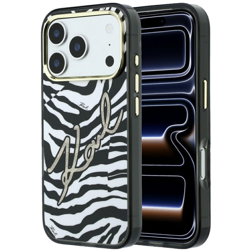 Coque MagSafe pour Apple iPhone 18 Pro Max / 17 Pro Max, Karl Lagerfeld, HC IML Signature Zebra Glitter Gold, Noire