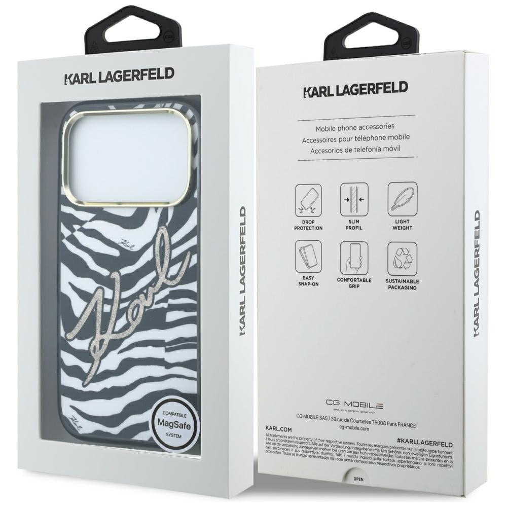 Coque MagSafe pour Apple iPhone 18 Pro Max / 17 Pro Max, Karl Lagerfeld, HC IML Signature Zebra Glitter Gold, Noire