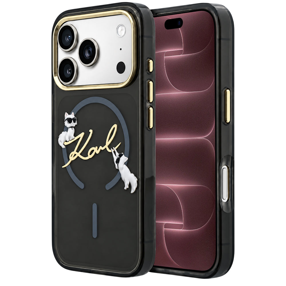 Coque MagSafe pour Apple iPhone 18 Pro Max / 17 Pro Max, Karl Lagerfeld, IML Choupette Karl Script Logo, Noire