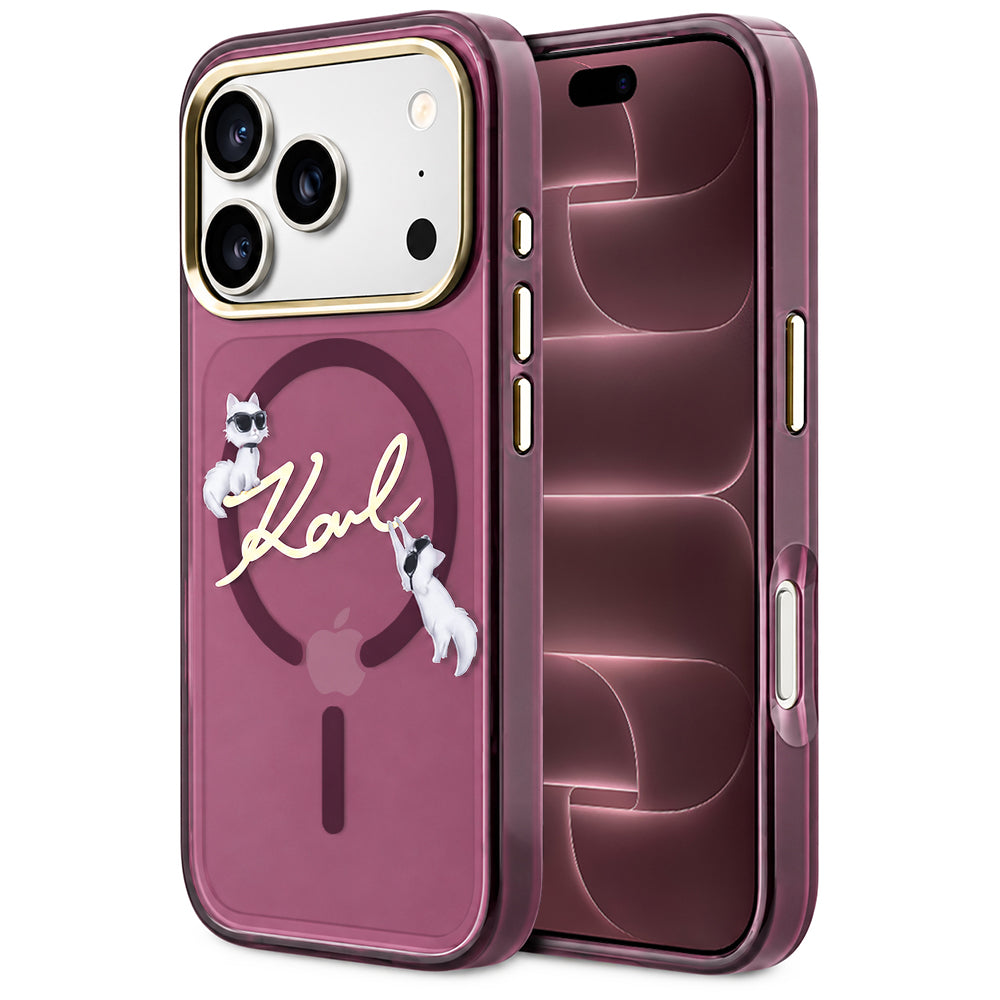 MagSafe Case for Apple iPhone 18 Pro Max / 17 Pro Max, Karl Lagerfeld, IML Choupette Karl Script Logo, Burgundy