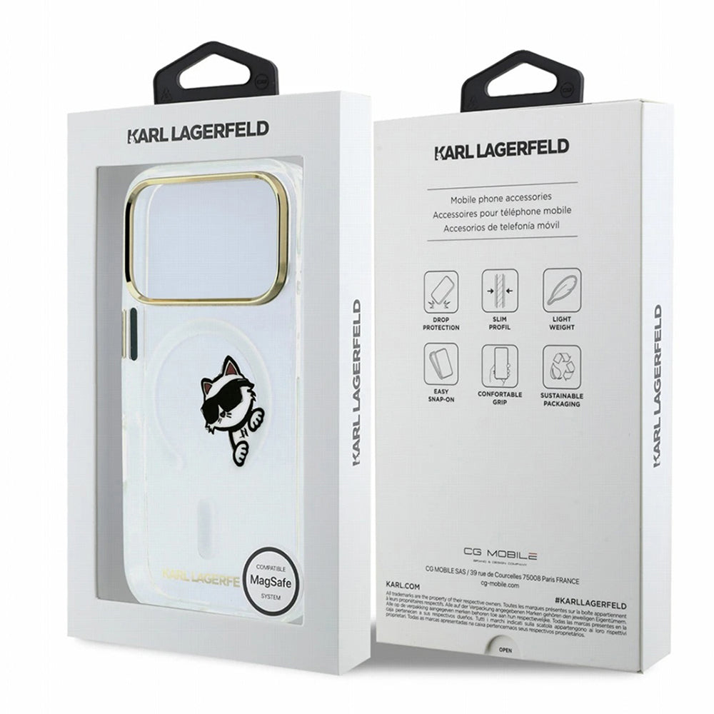 Coque MagSafe pour Apple iPhone 18 Pro Max / 17 Pro Max, Karl Lagerfeld, IML Peekaboo Print et Cadre Métallique, Transparente