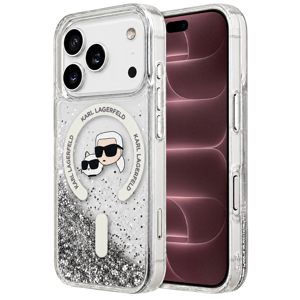Coque MagSafe pour Apple iPhone 18 Pro Max / 17 Pro Max, Karl Lagerfeld, Liquid Glitter Karl & Choupette Head's, Transparente