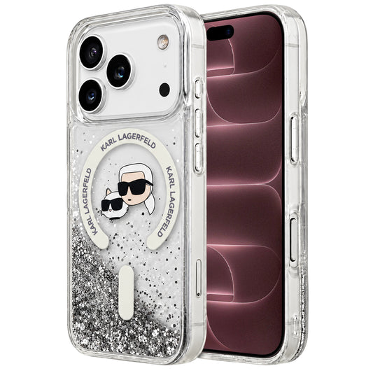 MagSafe Case for Apple iPhone 18 Pro Max / 17 Pro Max, Karl Lagerfeld, Liquid Glitter Karl & Choupette Head's, Transparent