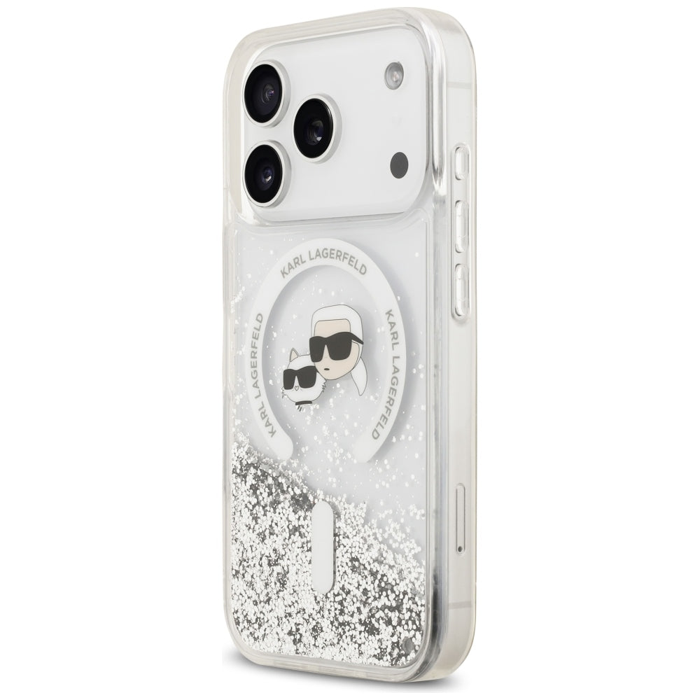 Coque MagSafe pour Apple iPhone 18 Pro Max / 17 Pro Max, Karl Lagerfeld, Liquid Glitter Karl & Choupette Head's, Transparente