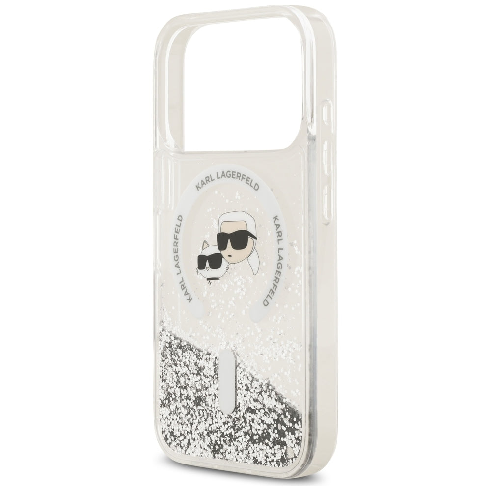 Coque MagSafe pour Apple iPhone 18 Pro Max / 17 Pro Max, Karl Lagerfeld, Liquid Glitter Karl & Choupette Head's, Transparente