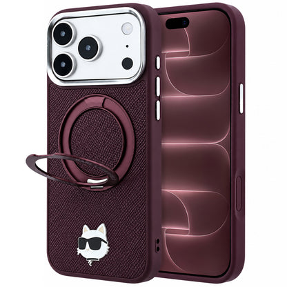 Coque MagSafe pour Apple iPhone 18 Pro Max / 17 Pro Max, Karl Lagerfeld, Support Anneau Saffiano 360 Choupette Pin, Bordeaux