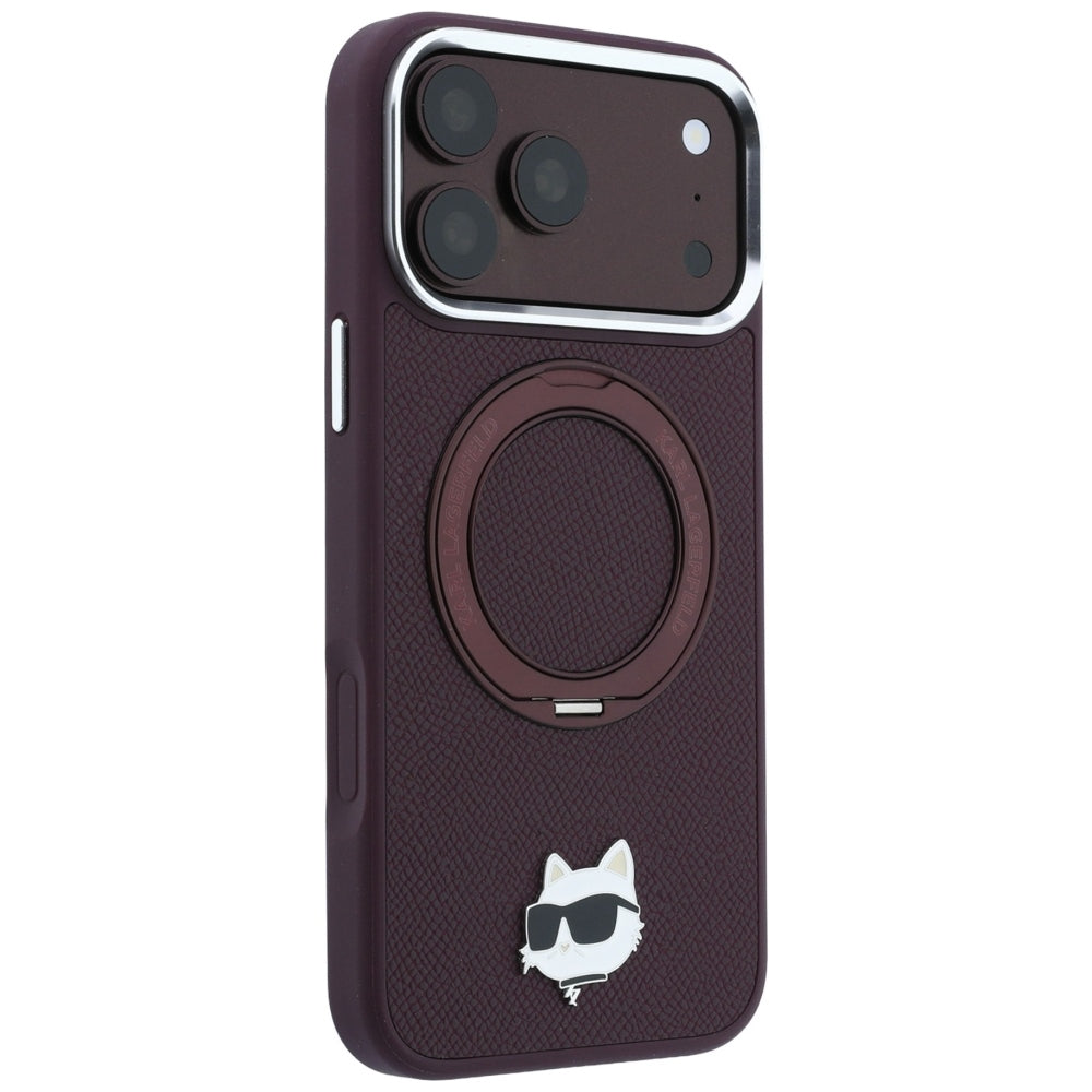 Coque MagSafe pour Apple iPhone 18 Pro Max / 17 Pro Max, Karl Lagerfeld, Support Anneau Saffiano 360 Choupette Pin, Bordeaux