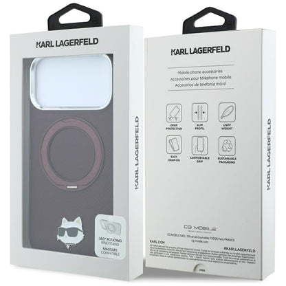 Coque MagSafe pour Apple iPhone 18 Pro Max / 17 Pro Max, Karl Lagerfeld, Support Anneau Saffiano 360 Choupette Pin, Bordeaux