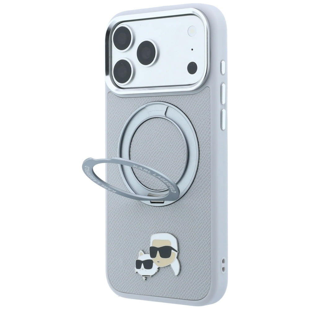 Coque MagSafe pour Apple iPhone 18 Pro Max / 17 Pro Max, Karl Lagerfeld, Ring Stand 360 Karl & Choupette Pin, grise