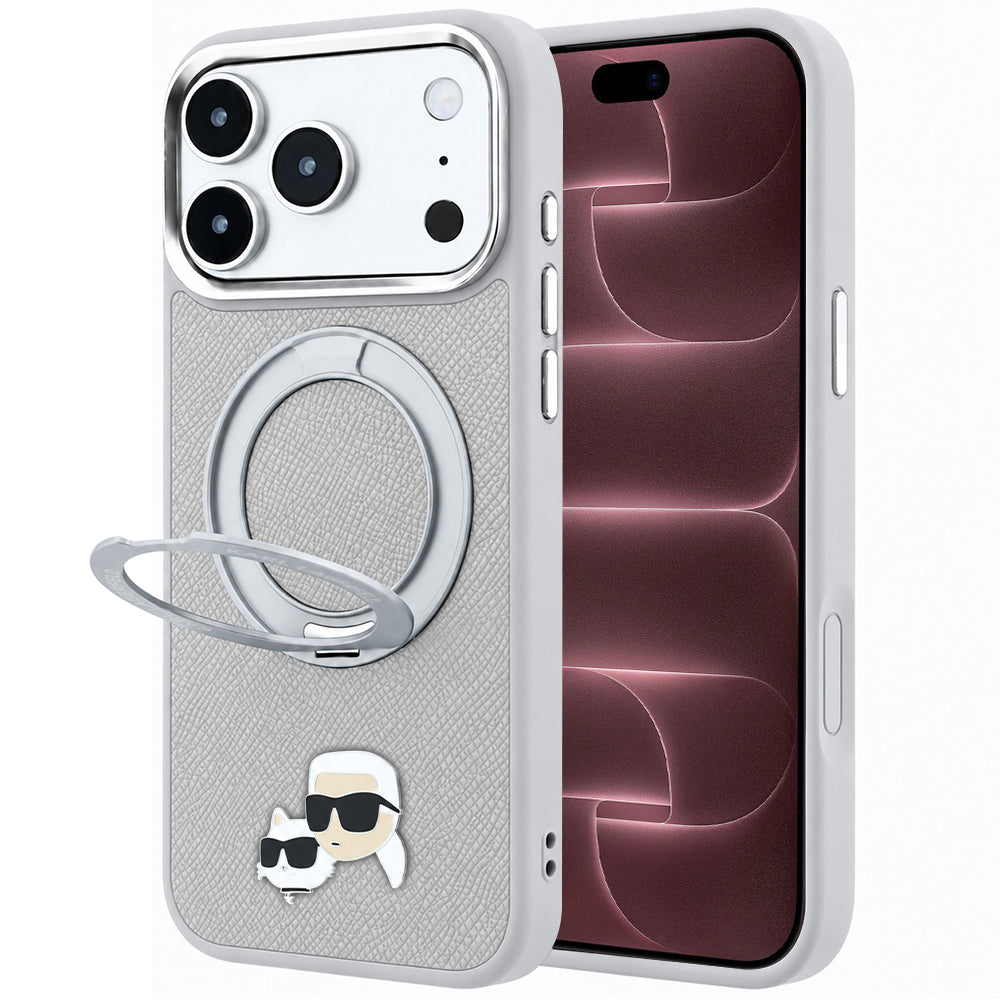 Coque MagSafe pour Apple iPhone 18 Pro Max / 17 Pro Max, Karl Lagerfeld, Ring Stand 360 Karl & Choupette Pin, grise