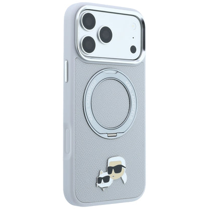 Coque MagSafe pour Apple iPhone 18 Pro Max / 17 Pro Max, Karl Lagerfeld, Ring Stand 360 Karl & Choupette Pin, grise