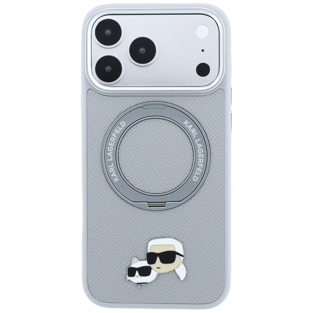 Coque MagSafe pour Apple iPhone 18 Pro Max / 17 Pro Max, Karl Lagerfeld, Ring Stand 360 Karl & Choupette Pin, grise