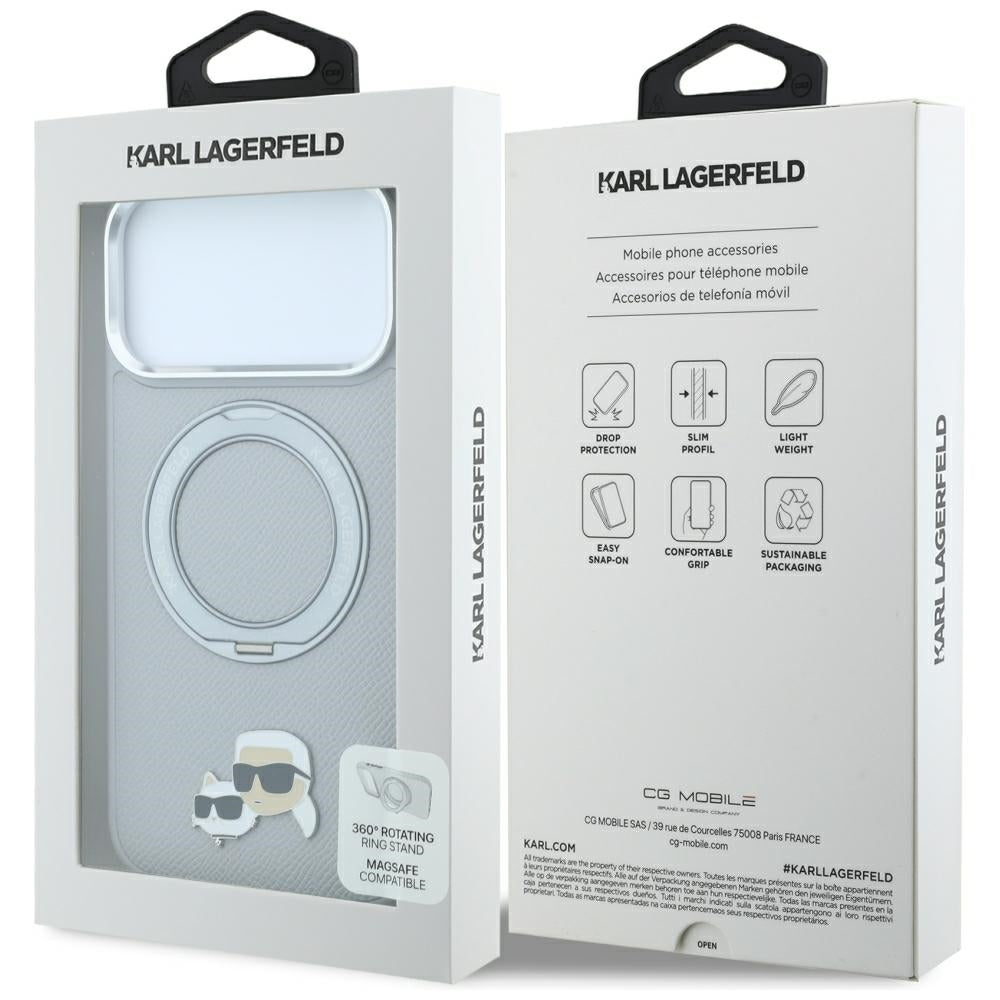 Coque MagSafe pour Apple iPhone 18 Pro Max / 17 Pro Max, Karl Lagerfeld, Ring Stand 360 Karl & Choupette Pin, grise
