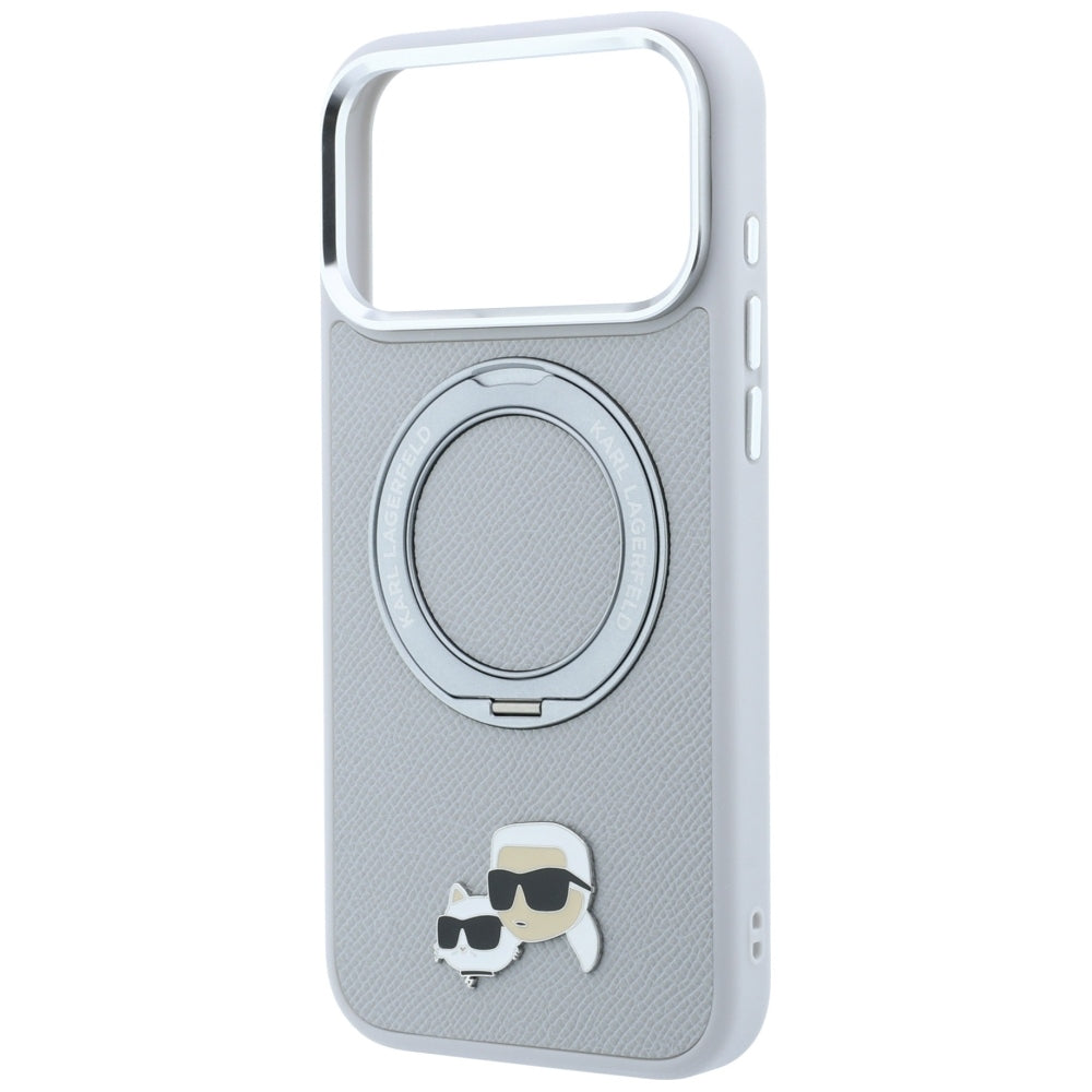Coque MagSafe pour Apple iPhone 18 Pro Max / 17 Pro Max, Karl Lagerfeld, Ring Stand 360 Karl & Choupette Pin, grise