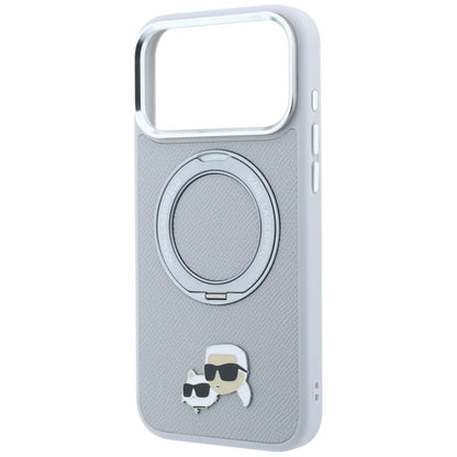 Coque MagSafe pour Apple iPhone 18 Pro Max / 17 Pro Max, Karl Lagerfeld, Ring Stand 360 Karl & Choupette Pin, grise