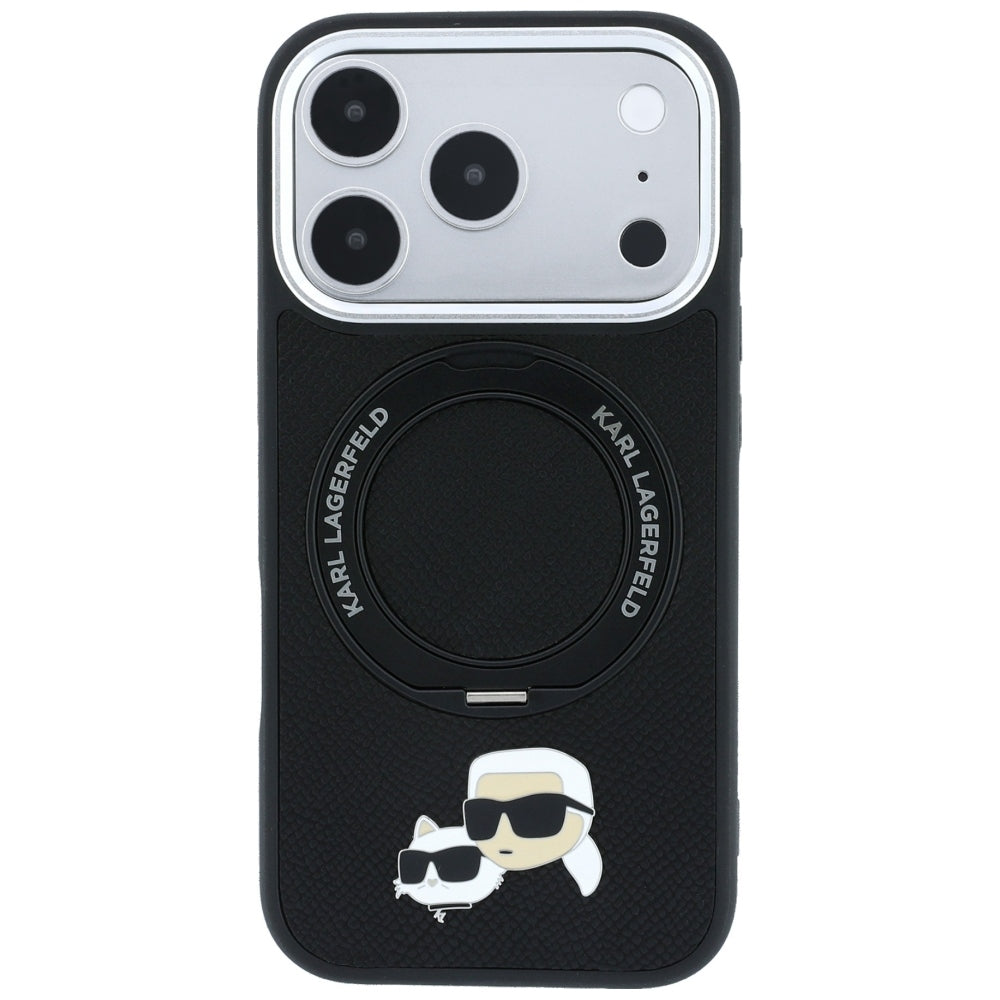 Coque MagSafe pour Apple iPhone 18 Pro Max / 17 Pro Max, Karl Lagerfeld, Support Anneau 360 Karl & Broche Choupette, Noire