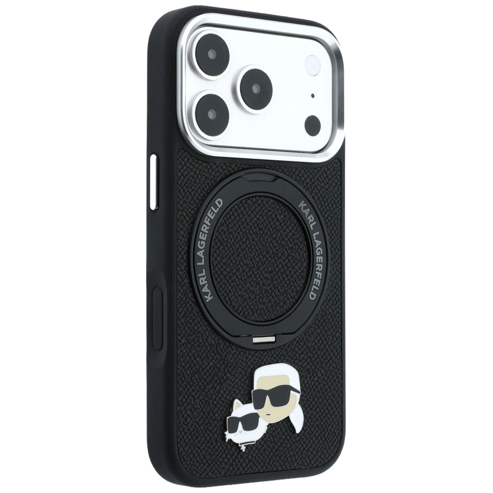 Coque MagSafe pour Apple iPhone 18 Pro Max / 17 Pro Max, Karl Lagerfeld, Support Anneau 360 Karl & Broche Choupette, Noire