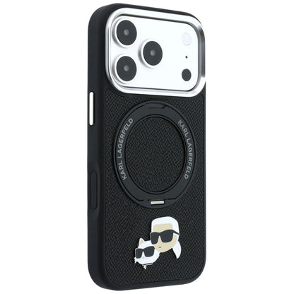 Coque MagSafe pour Apple iPhone 18 Pro Max / 17 Pro Max, Karl Lagerfeld, Support Anneau 360 Karl & Broche Choupette, Noire