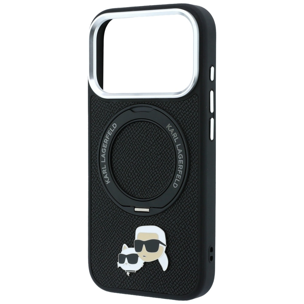 Coque MagSafe pour Apple iPhone 18 Pro Max / 17 Pro Max, Karl Lagerfeld, Support Anneau 360 Karl & Broche Choupette, Noire