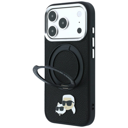 Coque MagSafe pour Apple iPhone 18 Pro Max / 17 Pro Max, Karl Lagerfeld, Support Anneau 360 Karl & Broche Choupette, Noire